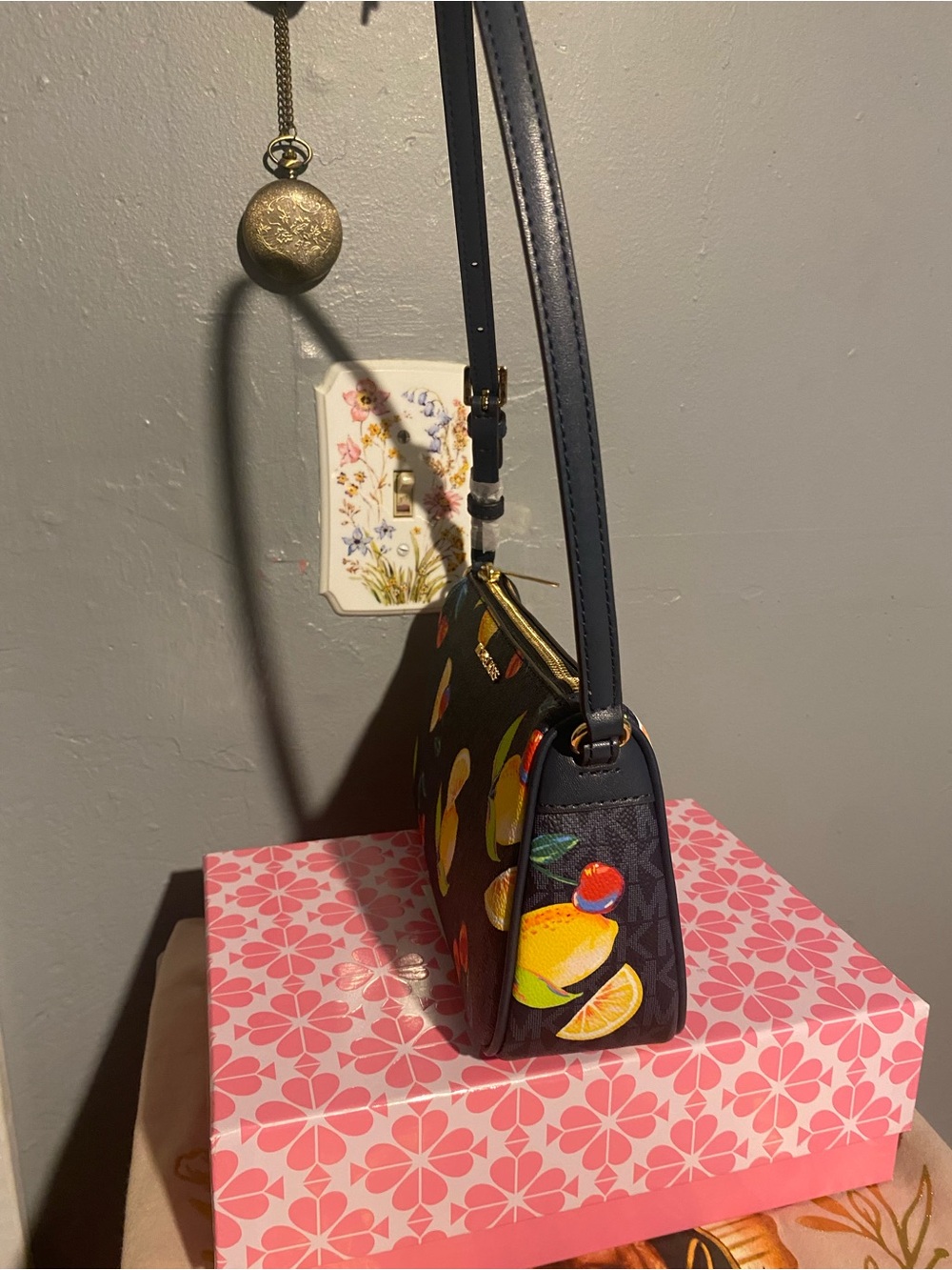 Michael Kors Navy Logo Canvas Citrus Lemon & Cherries purse with Gold Hardware - Picture 4 of 6